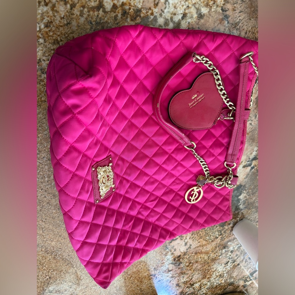 Juicy coture  Quilted Hot Pink Tote with Heart Charm and Gold Hardware